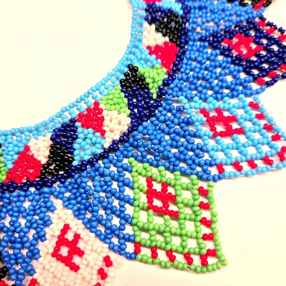 Huichol Beaded Necklace Statement Collar Wixárika Folk Art Blue Multicolor